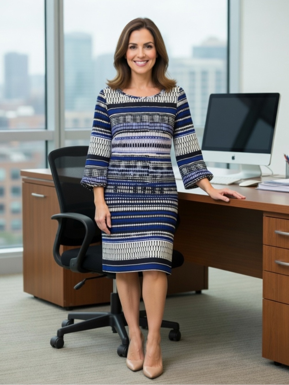 ALEX MARIE Blue and White Striped Midi Dress